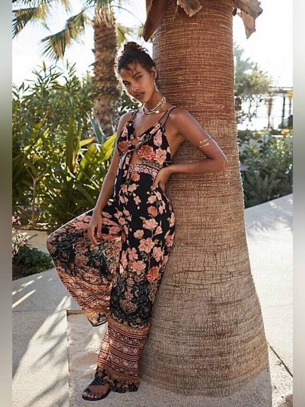 Free People Sundown Cutout Wide Leg Floral Printed  Jumpsuit Size 0